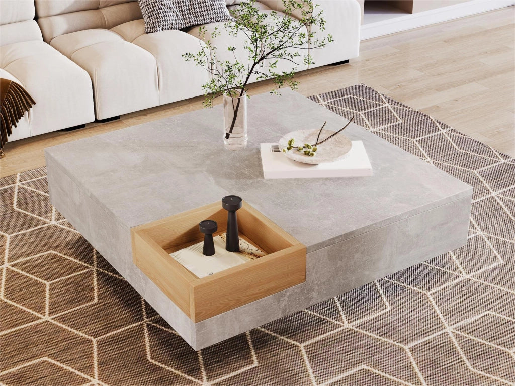 TAVOLINO DA CAFFÈ 72x72x30 cm Grigio cemento e colore legno con contenitore rimovibile