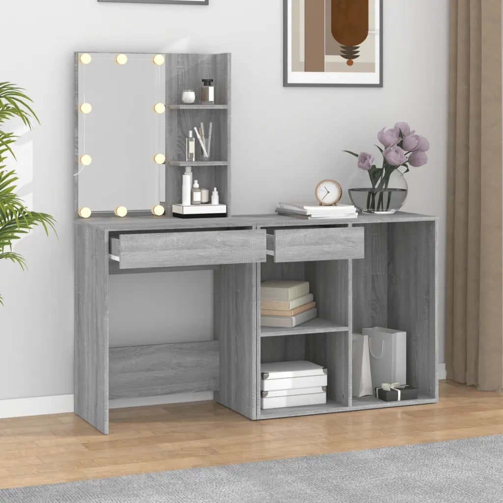 Toeletta | Tavolo da Trucco con LED e Armadietto Grigio Sonoma Legno Multistrato