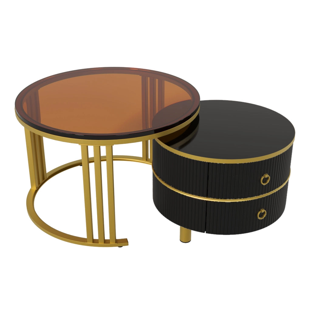 Tavolini da Caffè Rotondi a Nido con 2 Cassetti; Piano Lucido e Vetro Temperato Marrone; Moderno; Nero; 70×70×45 + 50×50×40 cm