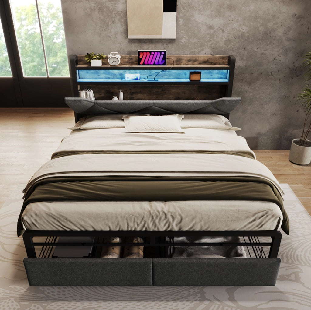Letto 160x200 cm con testiera contenitore; USB C; LED e 2 cassetti; grigio