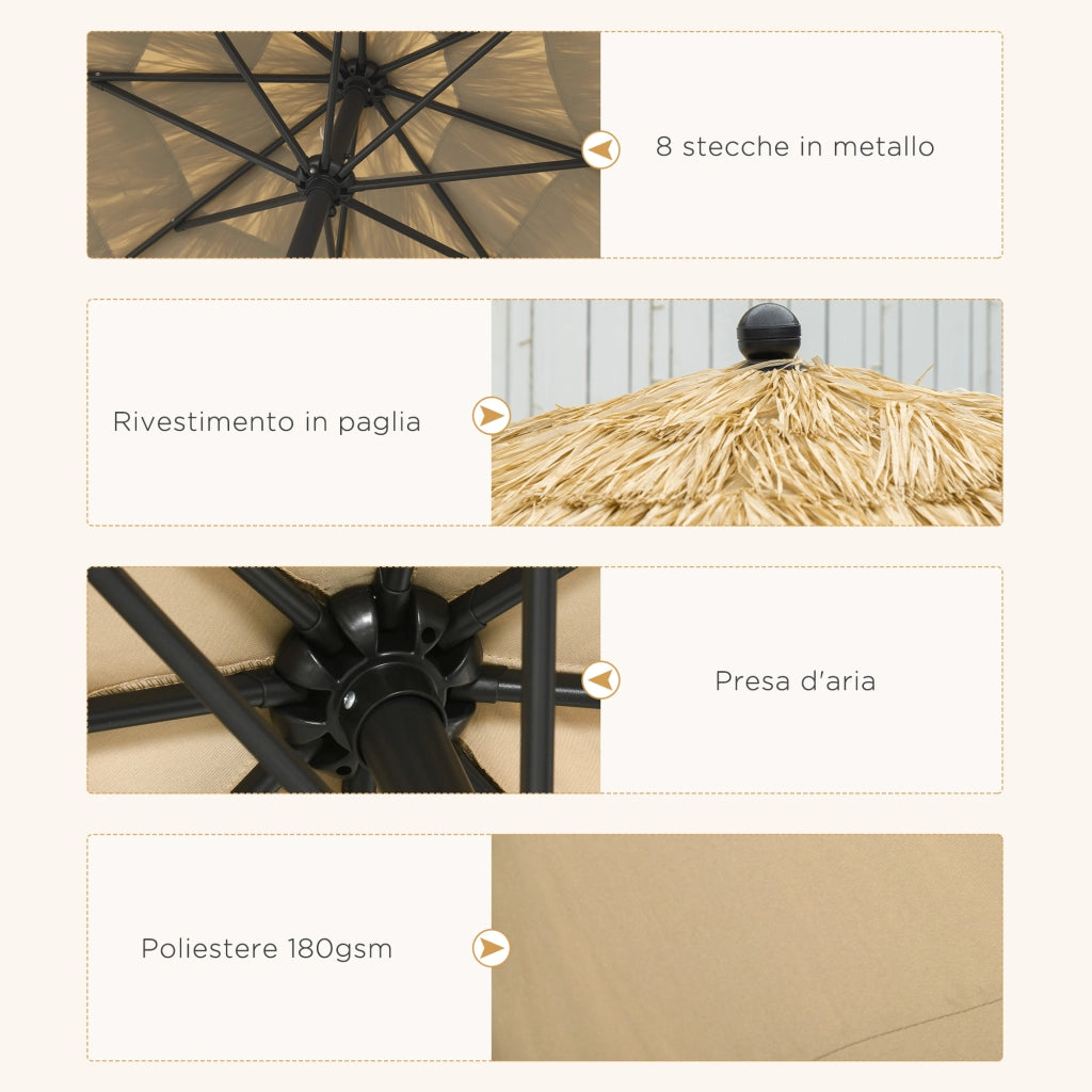 Ombrellone da Giardino Rotondo con Copertura in Paglia e Manovella, ?265x250cm, Cachi