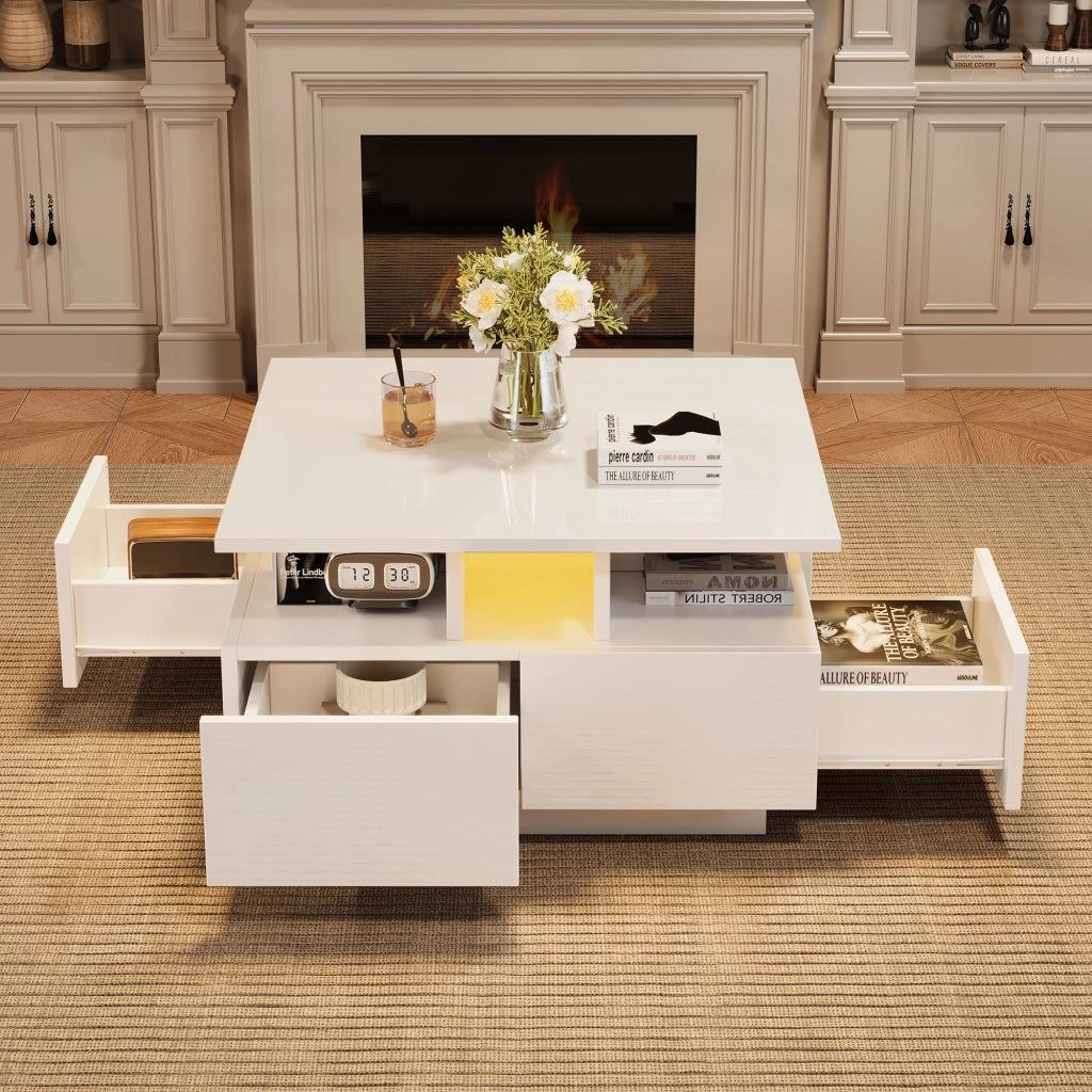 Tavolino da salotto con 4 Cassetti e 1 Vano semiaperto; LED; Finitura Lucida; in Pannelli di particelle; 70 × 70 × 40 cm; Bianco
