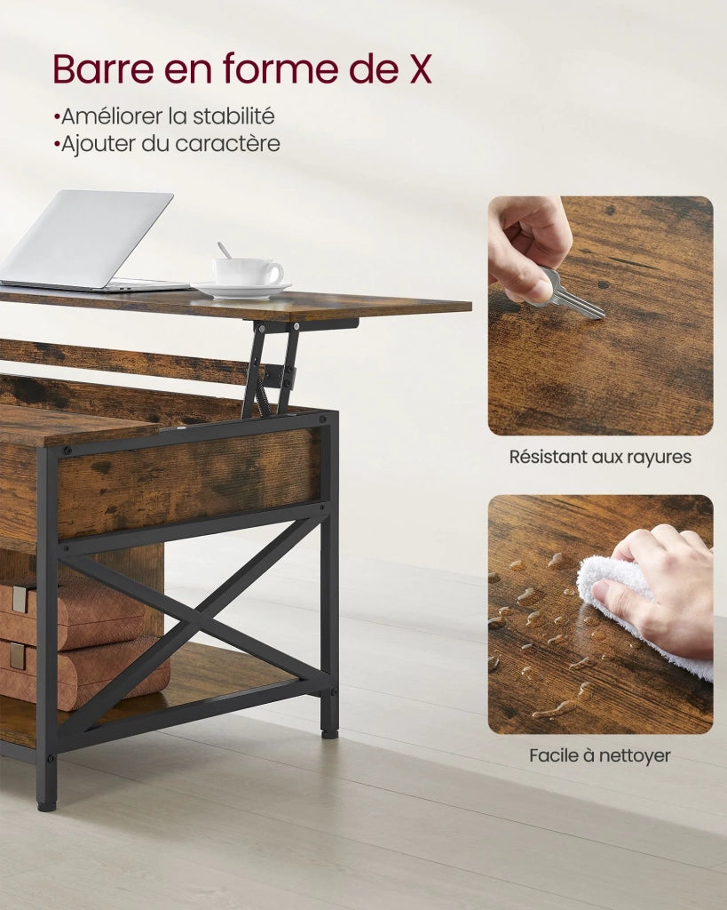 Tavolino da caffè/tavolo da soggiorno con piano sollevabile vano portaoggetti aperto e scomparto nascosto barre a X 60 x 120 x (48-62) cm marrone 12_0007476