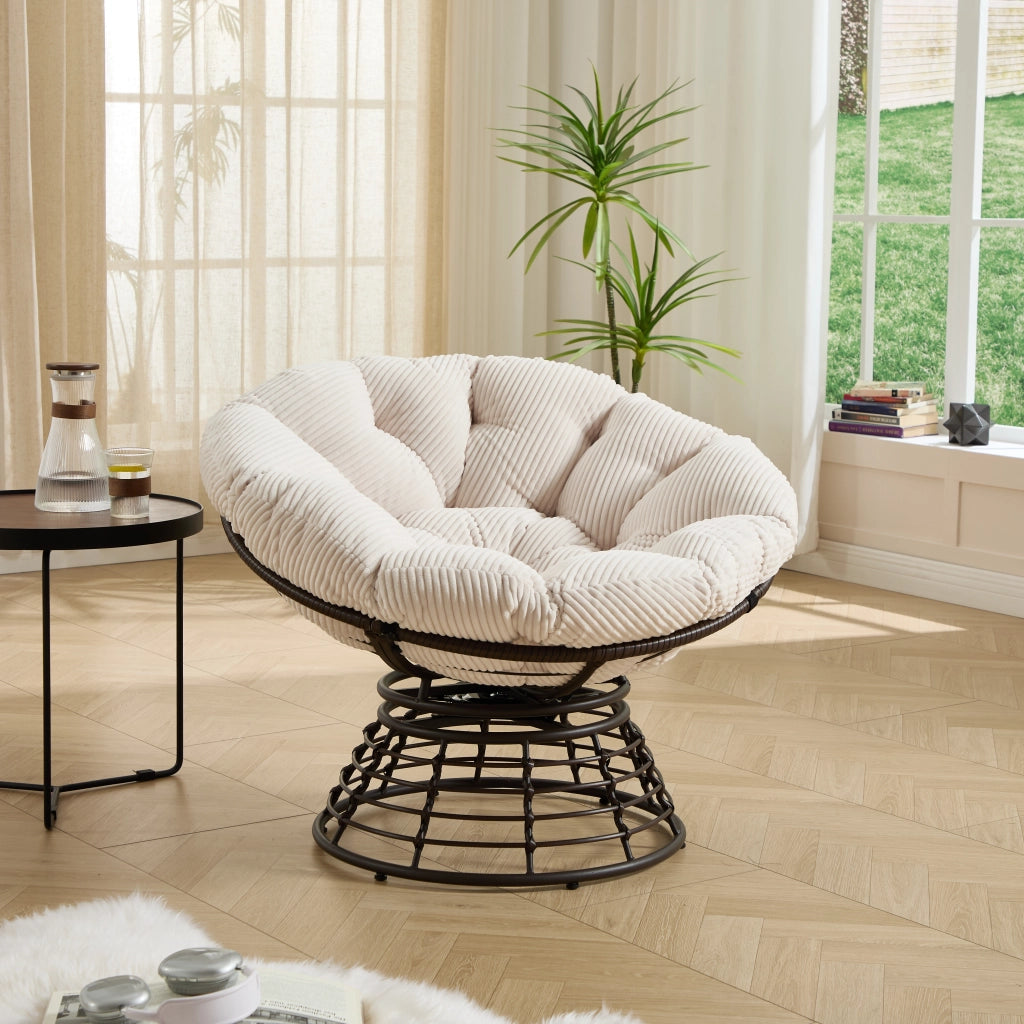 OKWISH Poltrona Papasan Girevole 360° Ergonomica con Cuscino Imbottito per Soggiorno e Camera in Acciaio e Rattan PE Bianco 92 × 67 cm