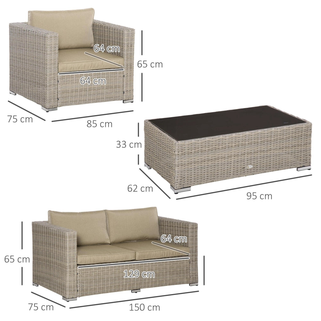 Set Salotto da Giardino Divano 2 Poltrone e Tavolino in Rattan Polietilene Cachi e Beige