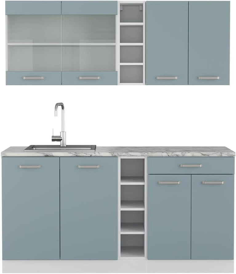 Cucina monoblocco R-Line, Grigio-blu, 160 cm, PL Marmo, con disposizione flessibile dei moduli ed espandibile