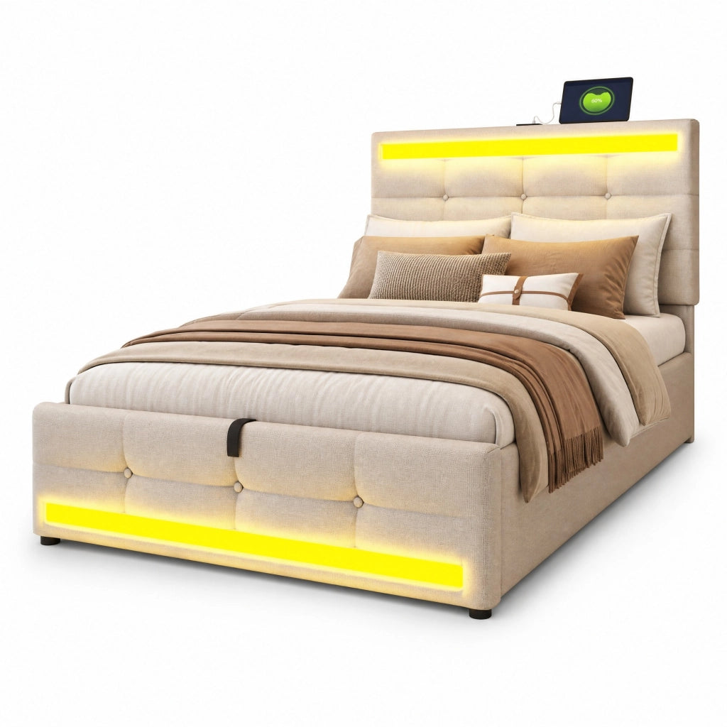 Letto imbottito 90x200 cm beige con LED RGB; USB e testiera regolabile