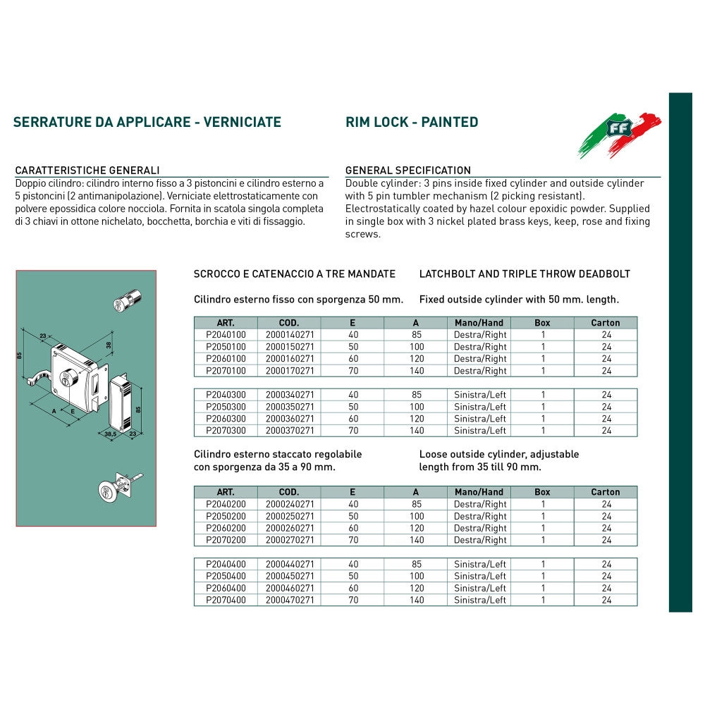 Facchinetti serratura corta a spingere destra 60mm ferroglietto cilindro fisso a 3 mandate