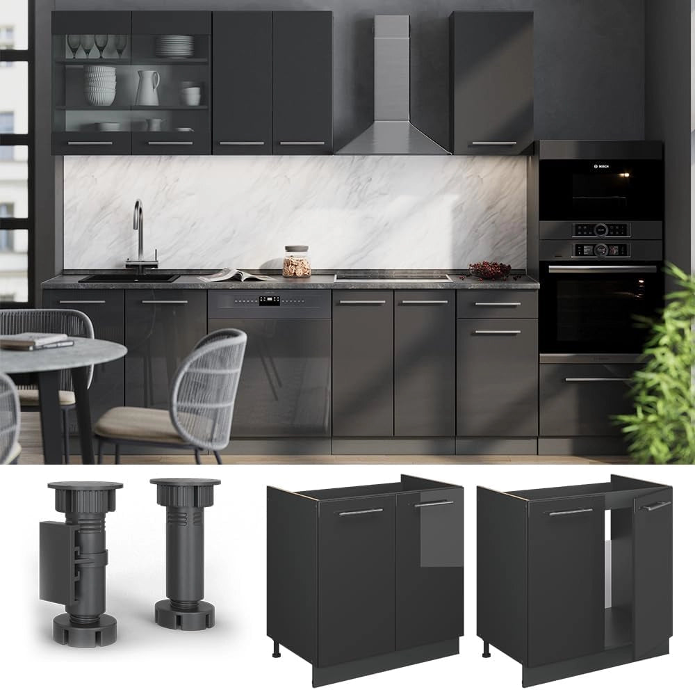 Mobile lavello cucina Fame-Line, Antracite lucido, 80 cm senza piano di lavoro, per la combinazione con altri moduli della serie Fame-Line