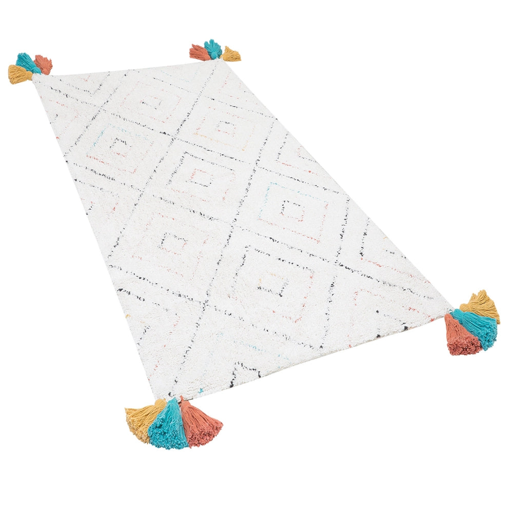 Tappeto tappetino Cotone Bianco 80 x 150 cm Rettangolare con Nappe Trapuntate Motivo Geometrico