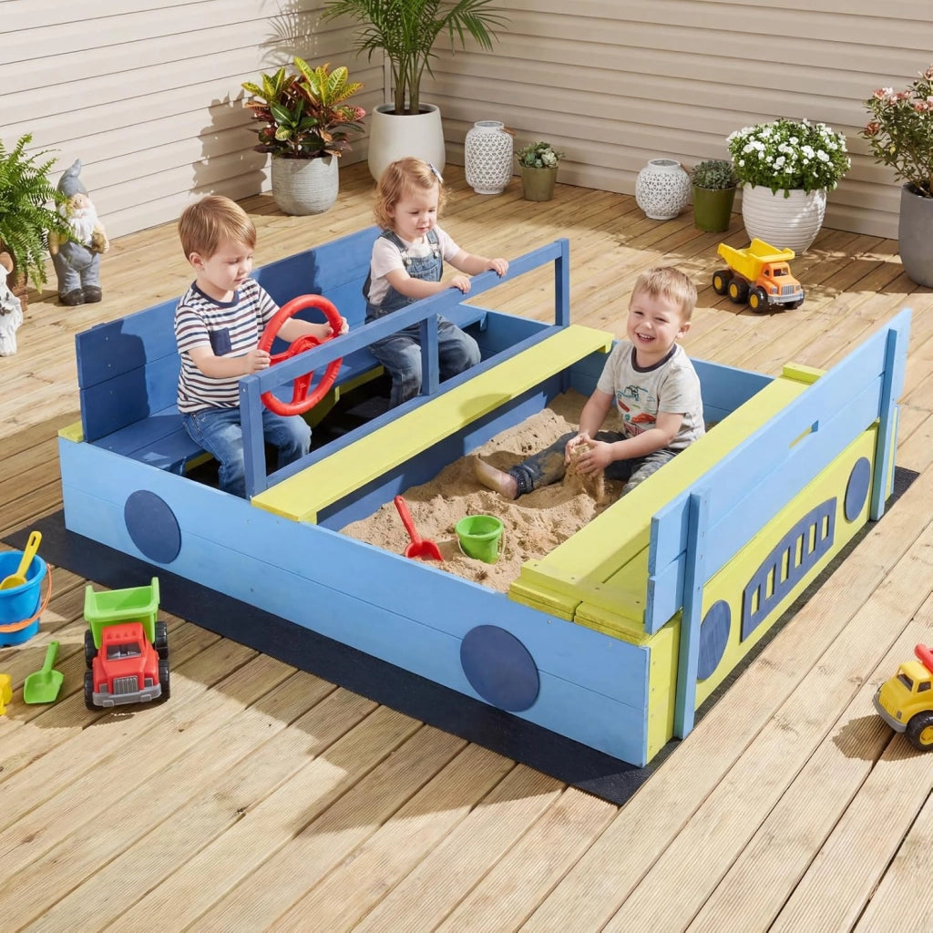 Sabbiera per Bambini in Legno di Abete, Sabbiera da Esterno con Panche e Fodera, Sandbox per Bambini a Forma di Macchina con Volante Rotante, 118x100x40 cm