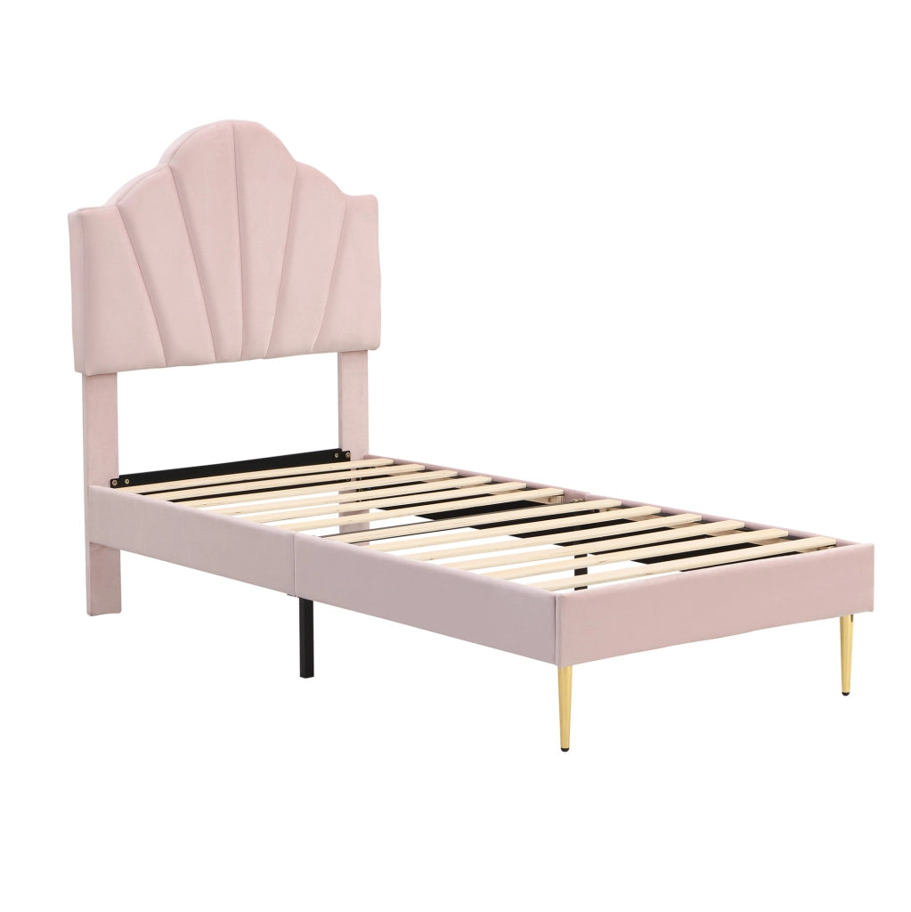 Letto imbottito 90x200 cm; testiera a conchiglia regolabile; velluto rosa (Senza materasso)