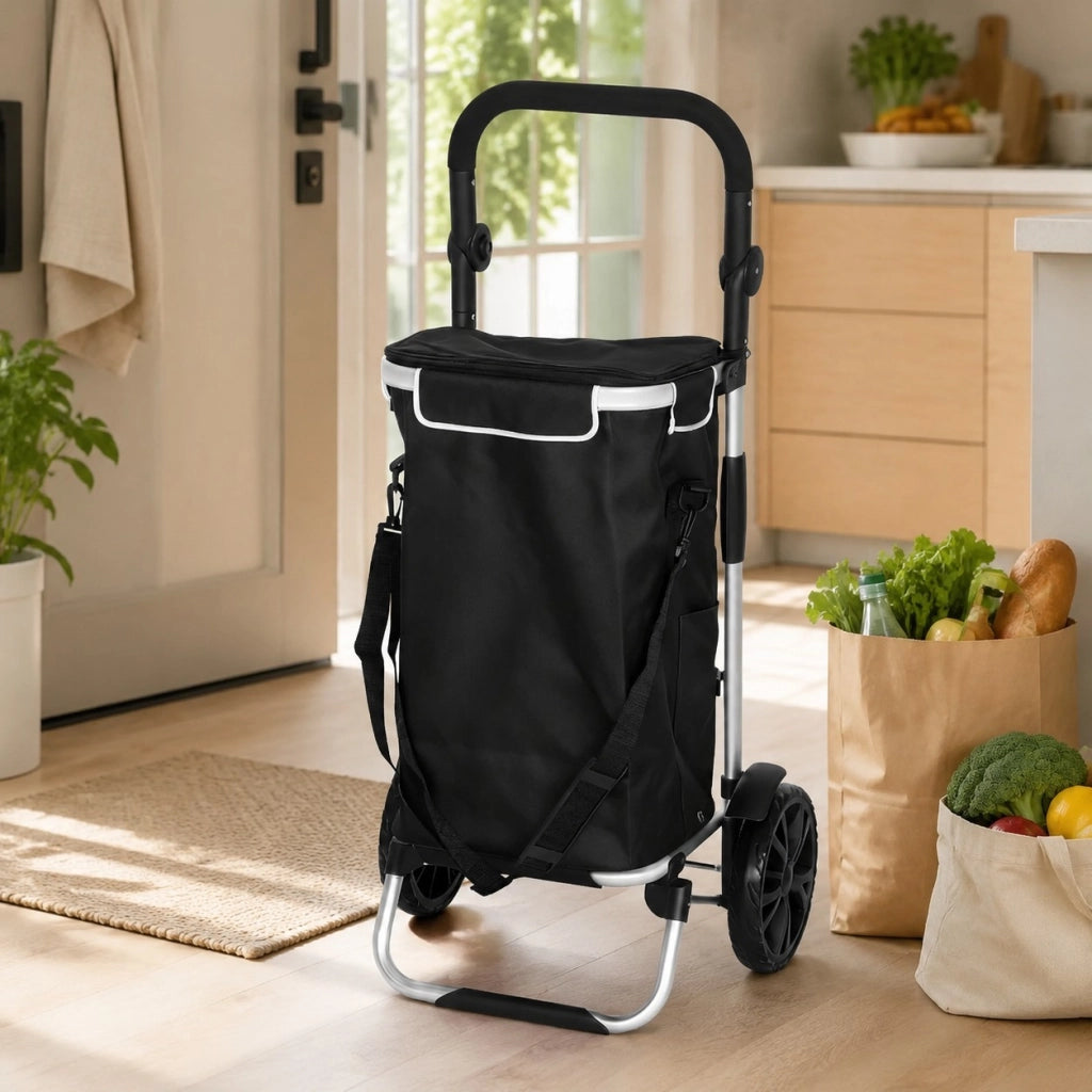 Trolley spesa 47x17x48 cm 3 in 1 con scomparto termico in alluminio nero