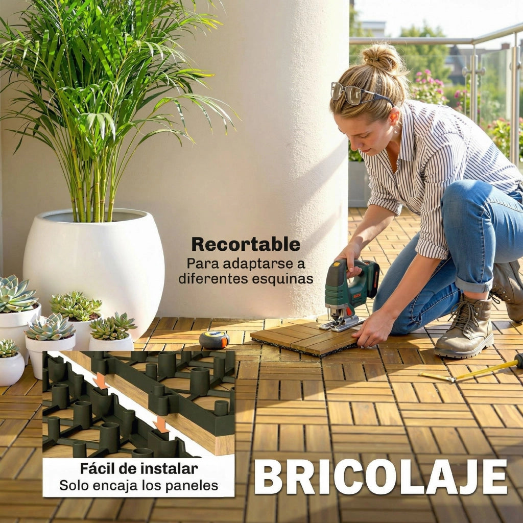 Set 10 Pezzi Piastrelle Legno Giardino Esterno 31x31 cm ¨C zephmum ¨C Antiscivolo Naturale