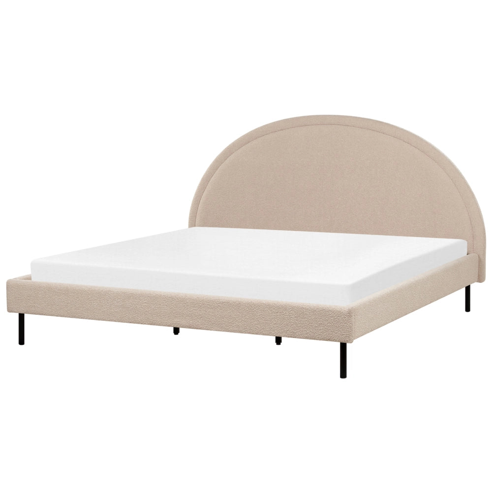 Letto matrimoniale in poliestere bouclè beige imbottito con base a doghe e testiera rotonda 180 x 200 cm minimalista retrò
