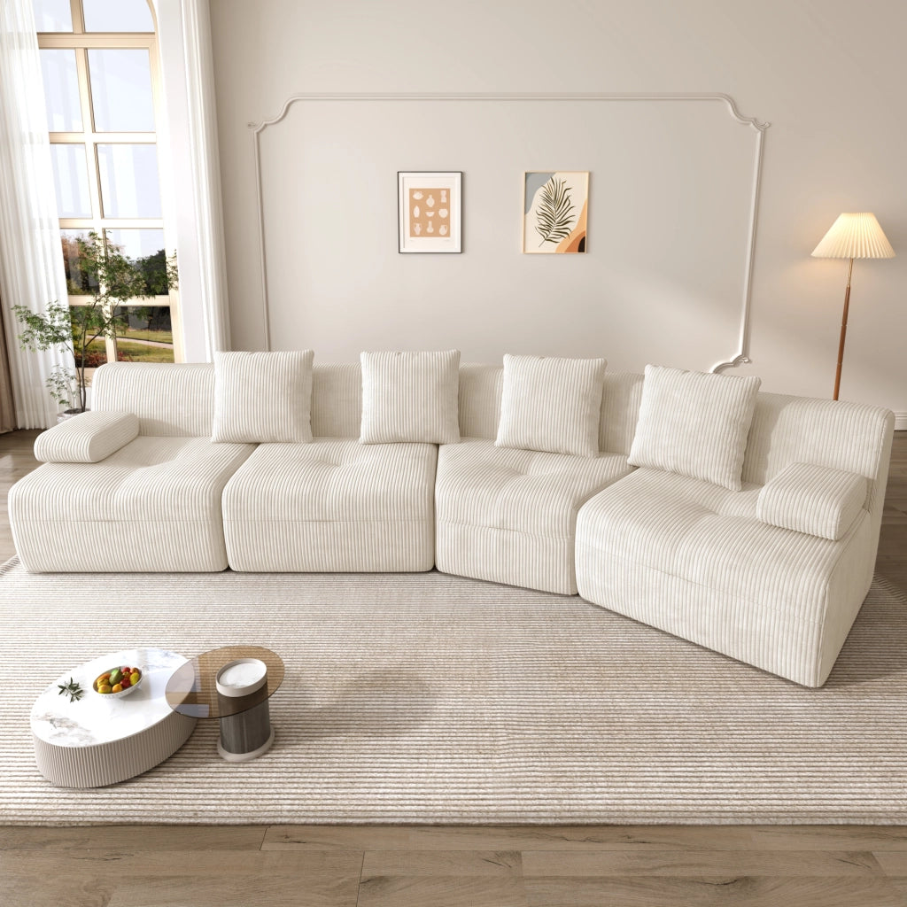 Divano modulare a 4 posti in velluto a coste; 4 moduli; 311 x 90 x 65 cm; beige chiaro