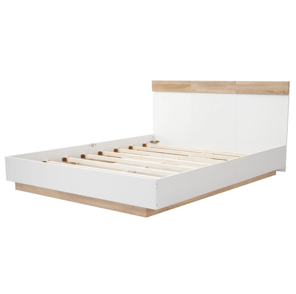 Letto matrimoniale 180x200 cm con rete a doghe; bianco e effetto rovere sonoma