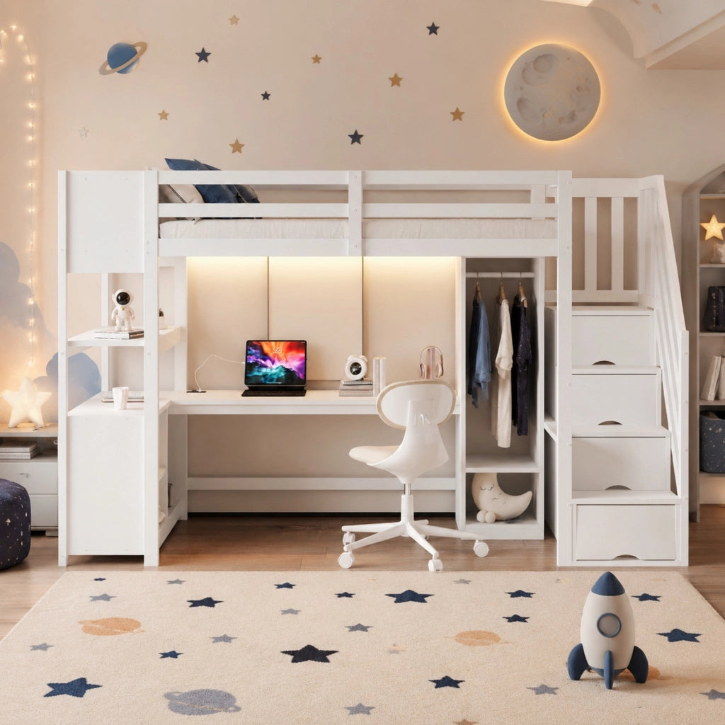 Letto a soppalco multifunzione 90x200 cm con scrivania; armadio; LED e scale con vani; bianco