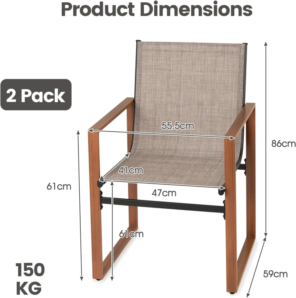 Set di 2 Sedie da Giardino Ergonomico in Tessuto e Metallo, Sedie da Pranzo da Esterno con Schienale Inclinato e Braccioli, Sedia da Patio, Terrazza, Balcone, Portata 150kg (Marrone)