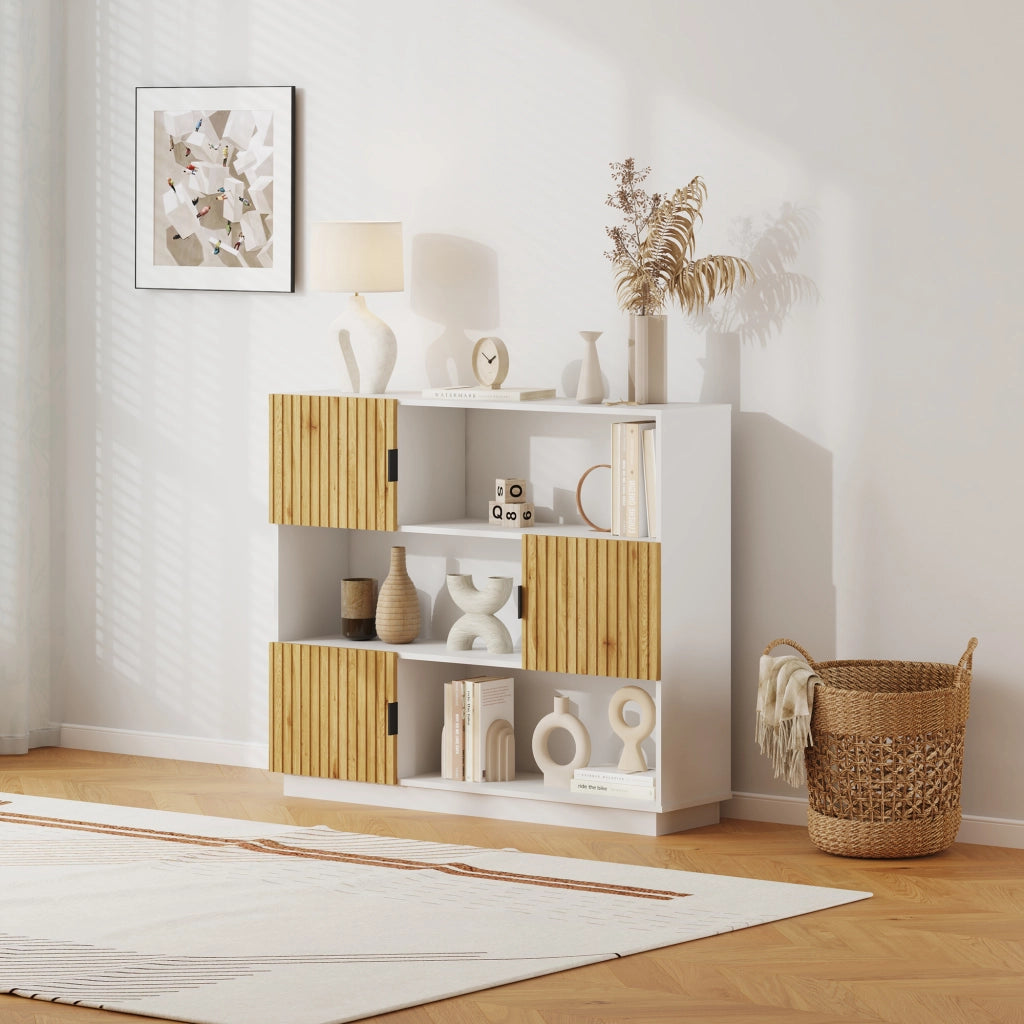 Libreria Bassa Verhundar Scaffale a 3 Livelli con Vani Aperti e Chiusi con Ante 102x120x30 cm Bianco / color Legno [en.casa]