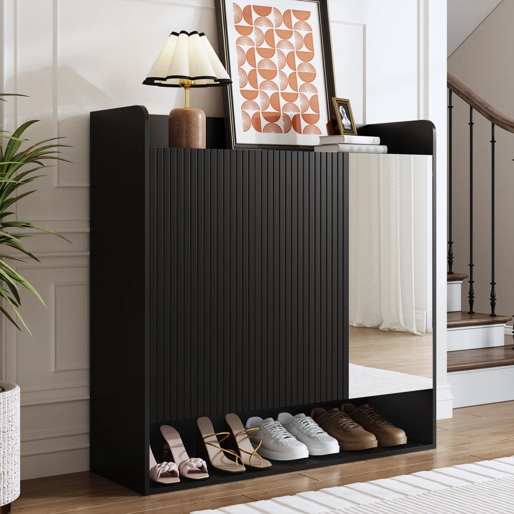 Scarpiera nera con specchio a figura intera e ripiani regolabili 110x35;5x110 cm