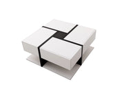 Tavolino da salotto quadrato con 4 Cassetti e Ripiano inferiore; Finitura Lucida; per Soggiorno; in Truciolare; 78 × 78 × 36 cm; Bianco