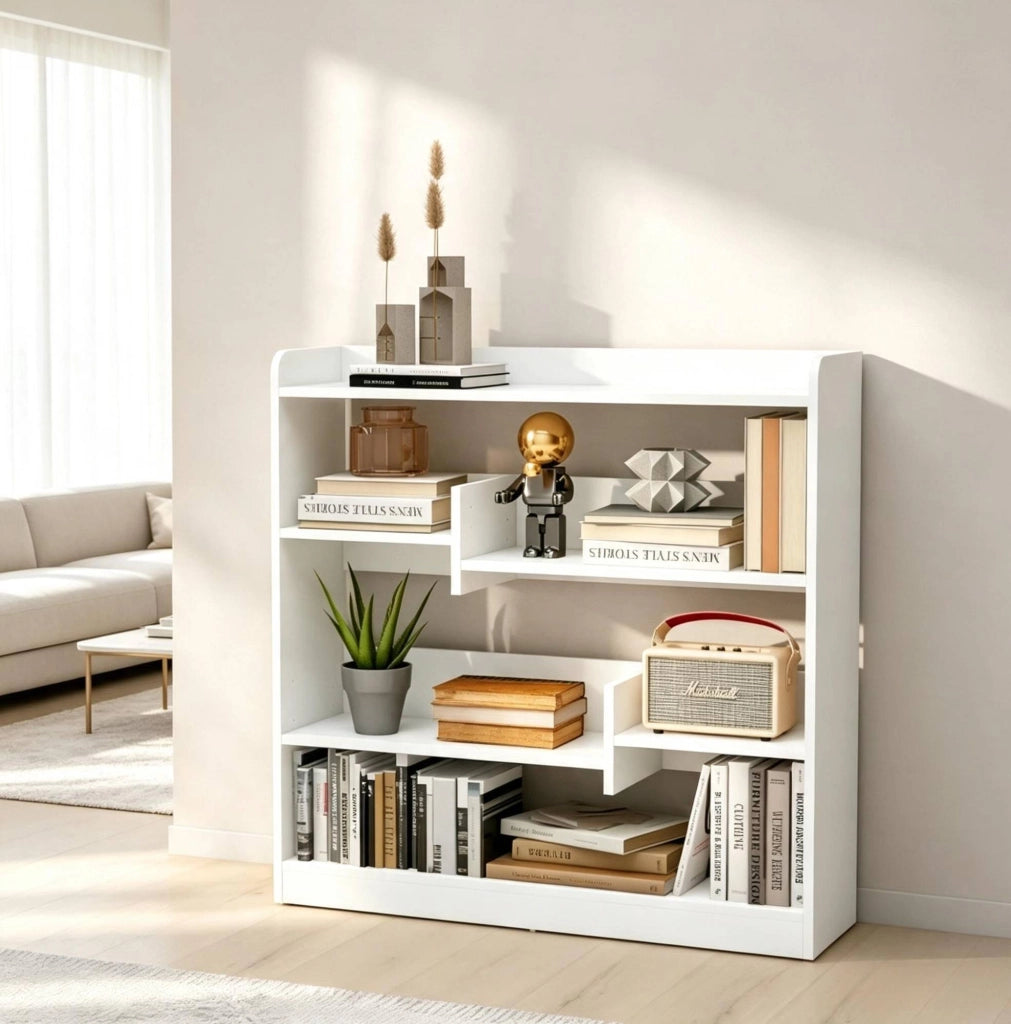 Libreria bianca a 4 livelli con ripiani regolabili, 90 x 24 x 91 cm