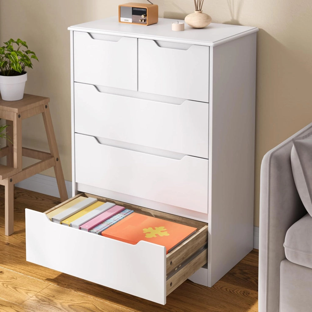 Cassettiera Camera da Letto con 5 cassetti, settimino camera da letto,Moderno e Salvaspazio per la Camera da Letto Soggiorno e Ingresso, 94 x 72 x 41 cm,Bianco