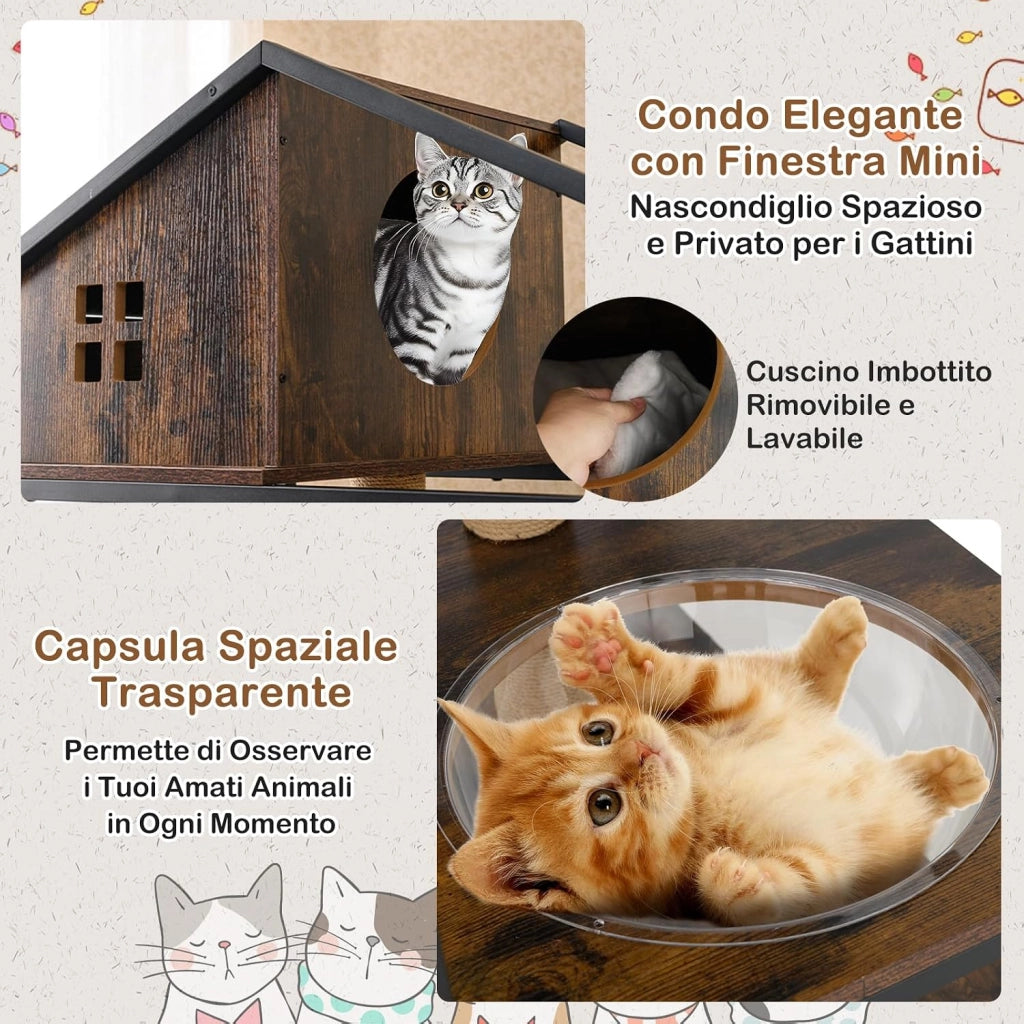 Albero per Gatti 80 x 48 x 150 cm, Lettiera Gatto Chiusa con Posti per Graffiare, Cuscino, Amaca e Palla Pendente, Torre per Animali Domestici in Metallo e Corda di Juta