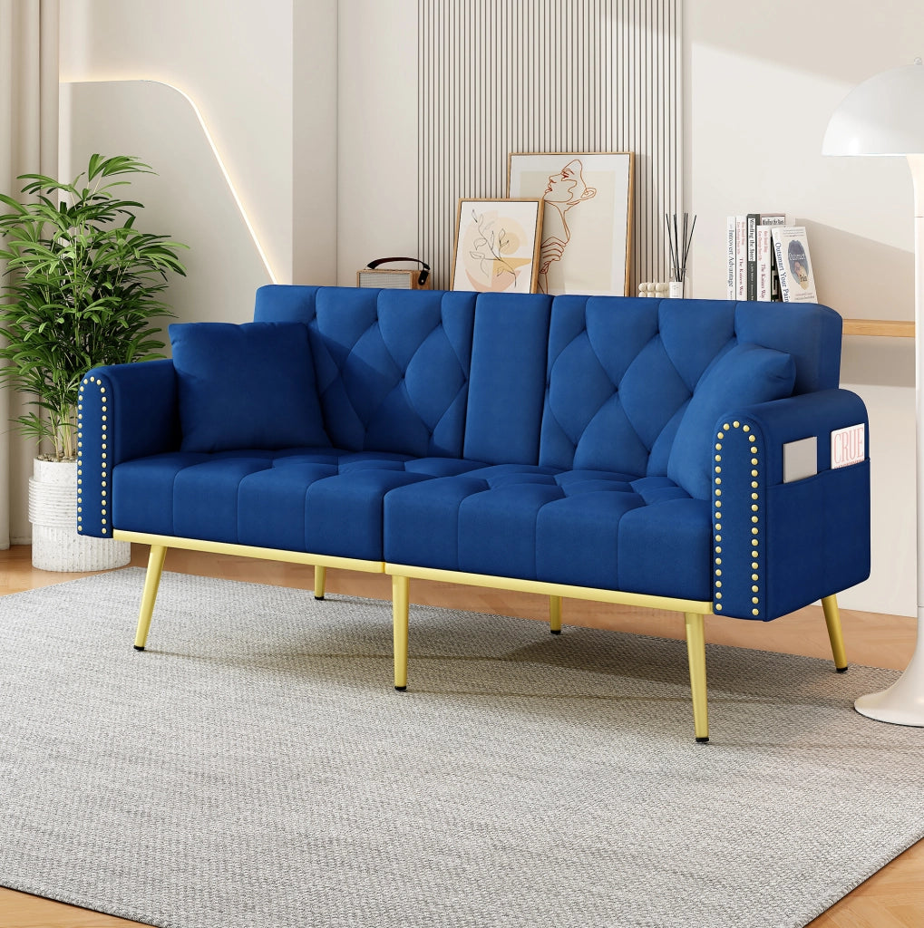 Divano letto 175x80x73，5 cm in velluto blu con portabicchieri