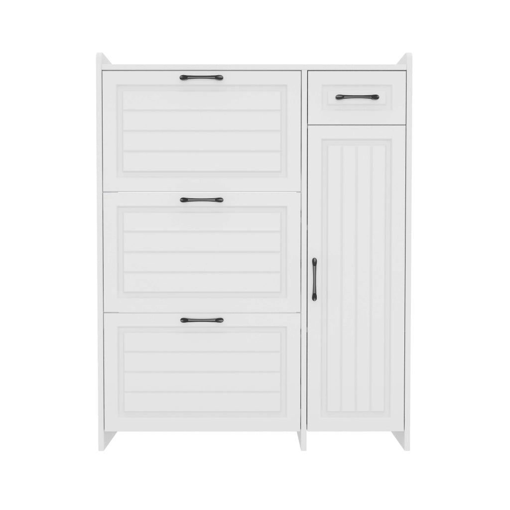Scarpiera bianca con 3 ribalte, cassetto, vano laterale e ripiani regolabili, 92x24x121 cm
