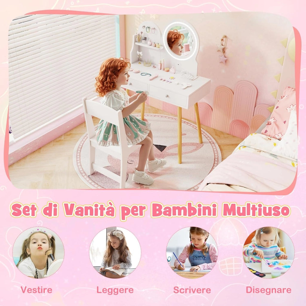 Set Toeletta Trucco per Bambini con Specchio Illuminato, Set Tavolo e Sedie con Ripiano Aperto, Ganci e Cassetti, Mobile da Leggere, Disegnare e Scrivere per Cameretta, Bianco