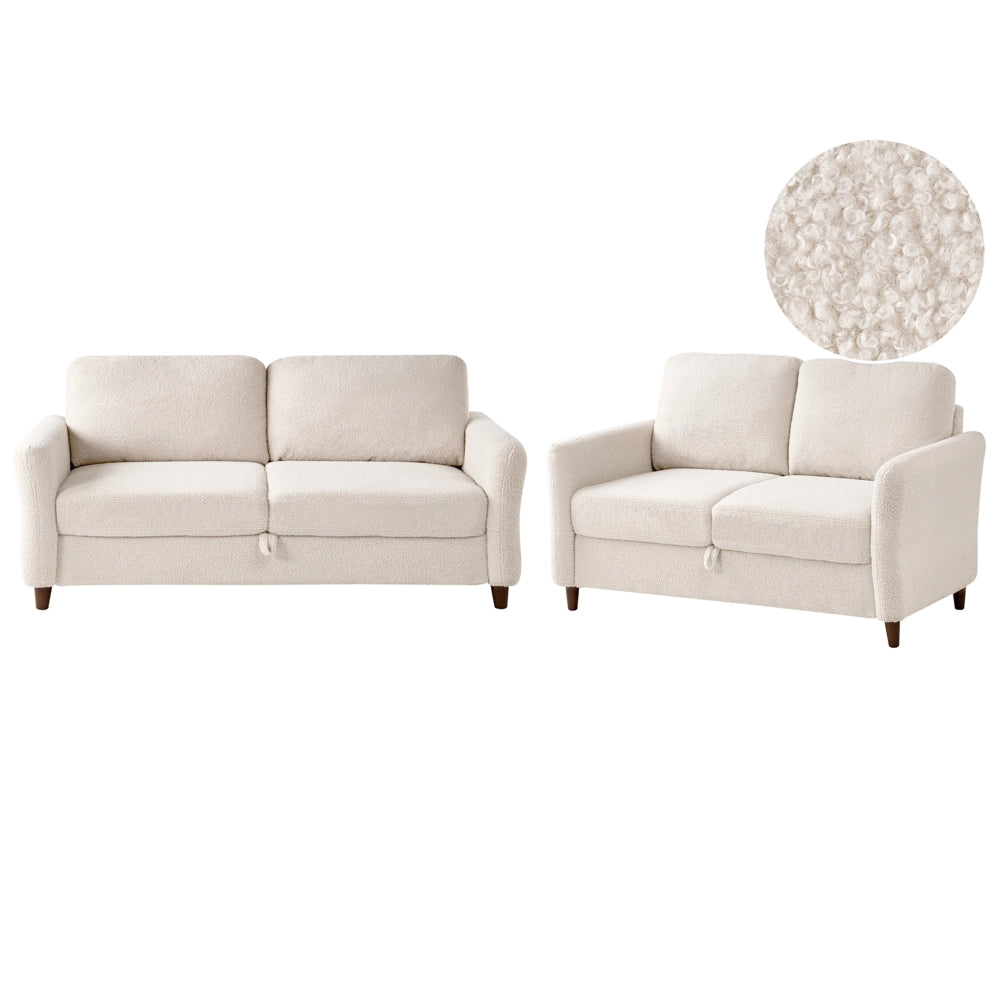 Set da salotto costituito da divani da 2 e 3 posti rivestito in tessuto con braccioli beige chiaro stile moderno