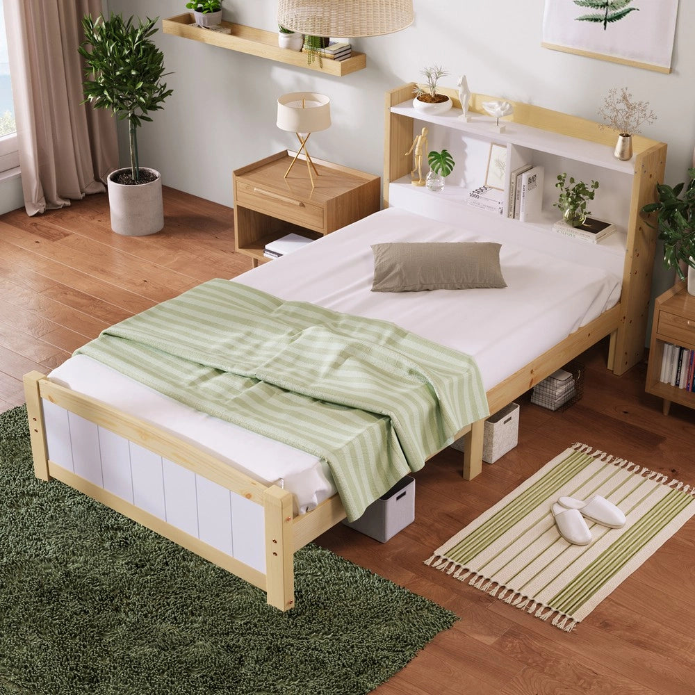 Letto Singolo in Pino Massello con Testiera Contenitore e Rete a Doghe ¨C MINIMAL ¨C 90x200 Bianco/Naturale con Materasso