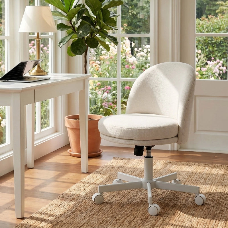 Sedia da ufficio girevole con altezza regolabile, funzione oscillante e tessuto effetto chenille crema per casa
