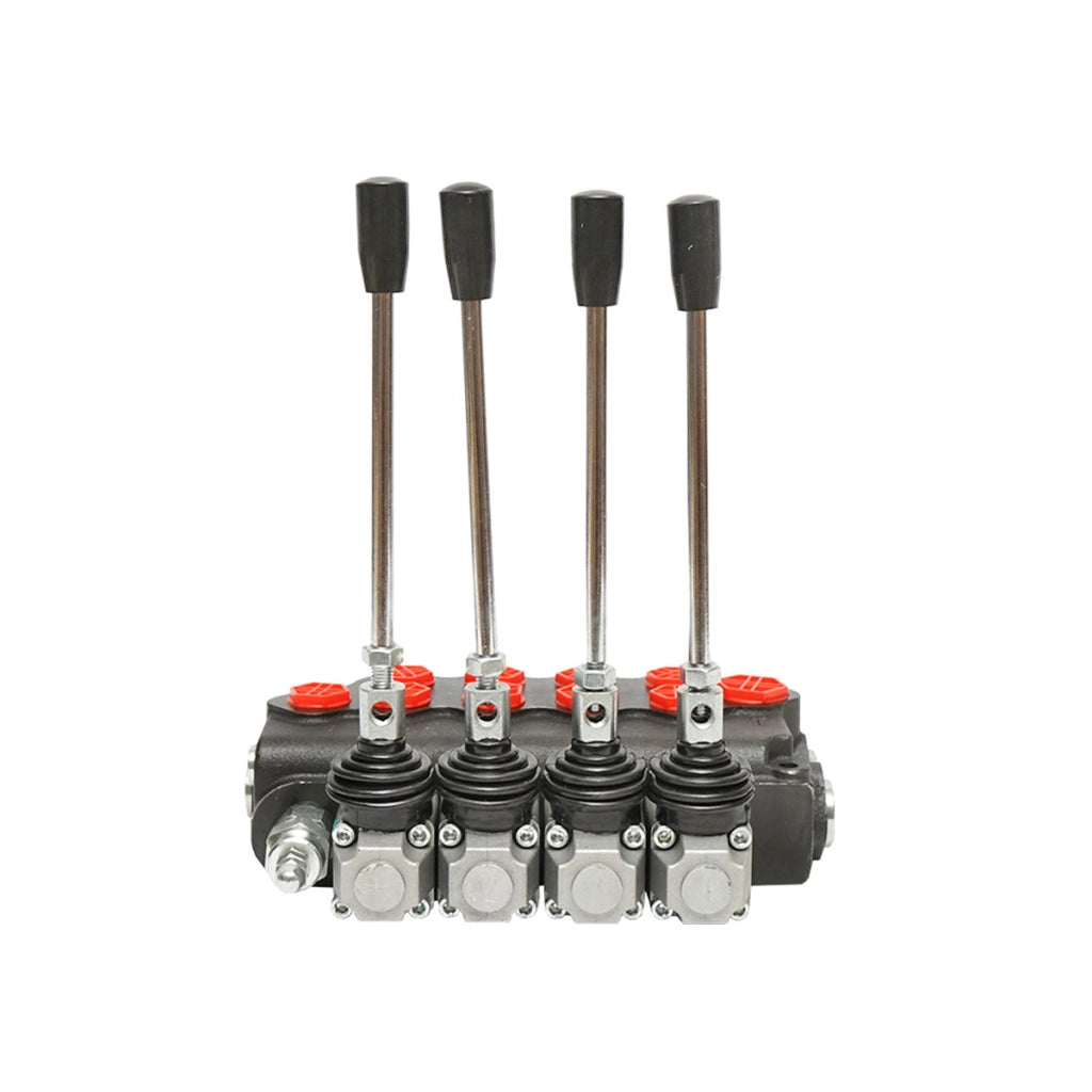 Distributore idraulico a 4 leve, valvola di sicurezza SD11, portata 80L/min, leva e riduzione -15 /+80 Breckner Germany