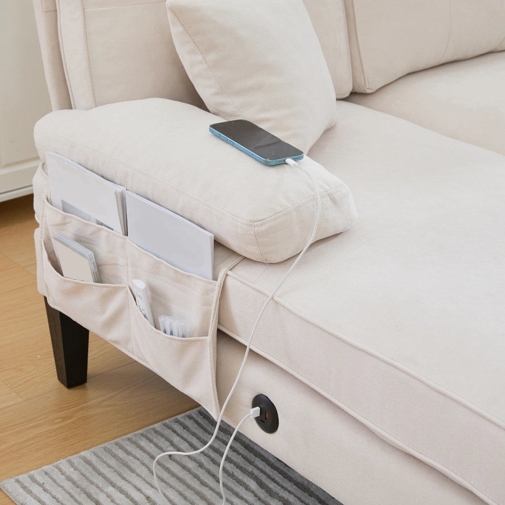 Divano U 4 posti in tessuto effetto lino, beige, con chaise-longue e porte USB/Type-C