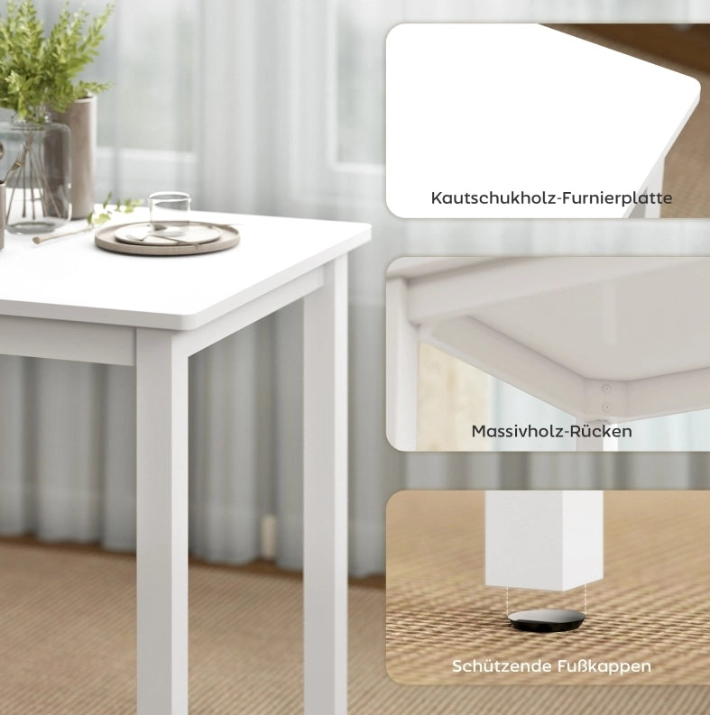 Set da pranzo 3 pezzi con tavolo in MDF bianco e 2 sedie imbottite per spazi compatti