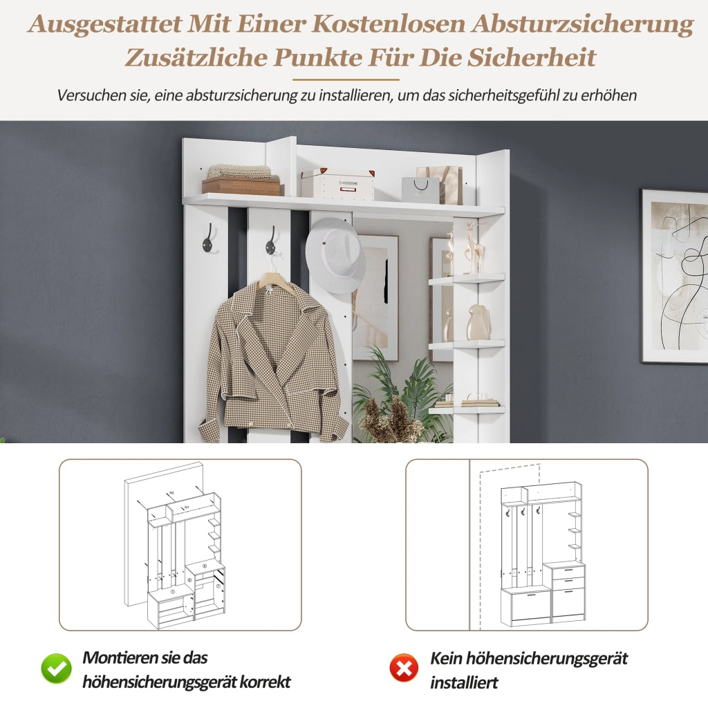 Mobile da ingresso multifunzione con specchio, 2 cassetti, scarpiere a ribalta in MDF bianco 110 × 34 × 185 cm