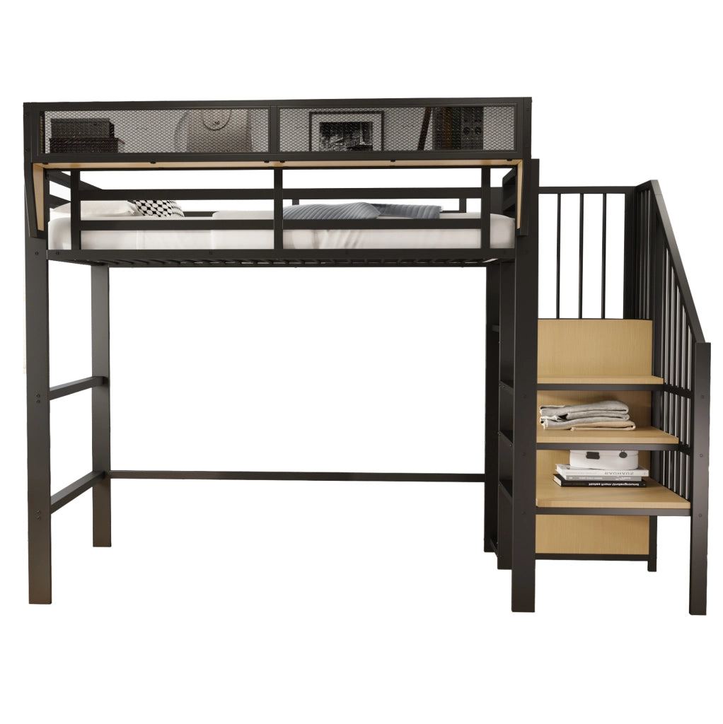 Letto a soppalco 90x200 in metallo con scala di sicurezza e ripiano modulabile, nero
