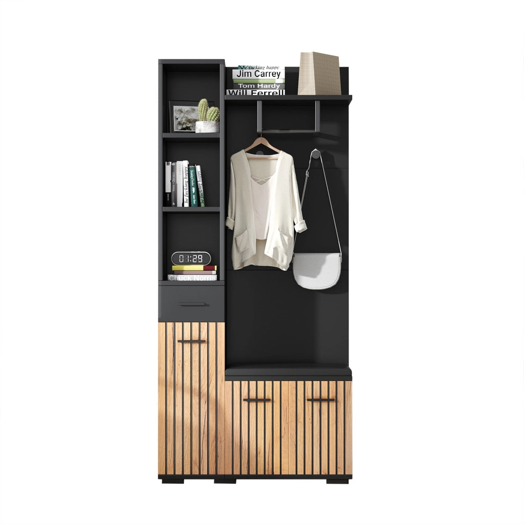Mobile ingresso con 2 armadi; 1 cassetto; 5 vani; 2 ganci e panca; in pannello truciolare; 80 × 35 × 175 cm
