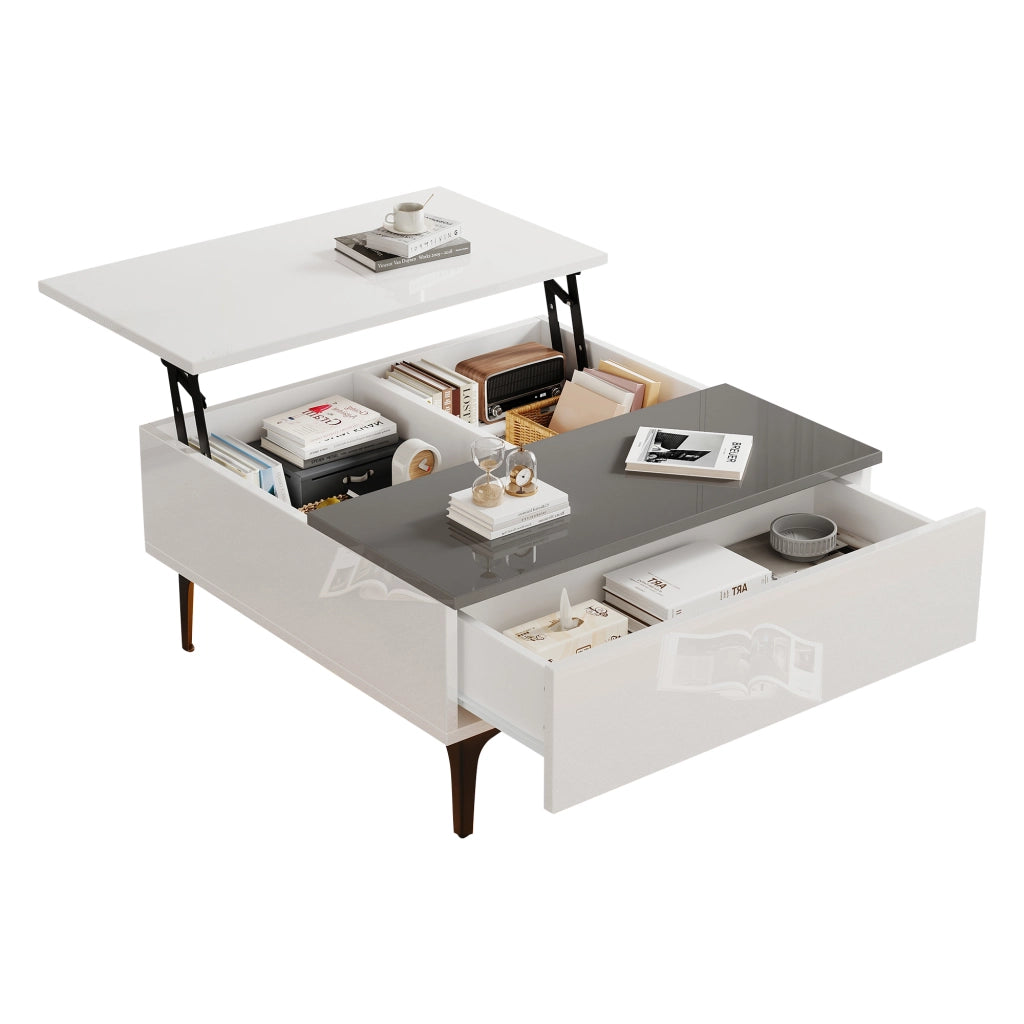 Tavolino da soggiorno sollevabile 70×70×35 cm con LED, vano contenitore e cassetto, bianco e grigio