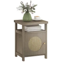 Comodino con Scaffale Aperto e Vano con Anta in Rattan, 40x35x55 cm, Legno Naturale