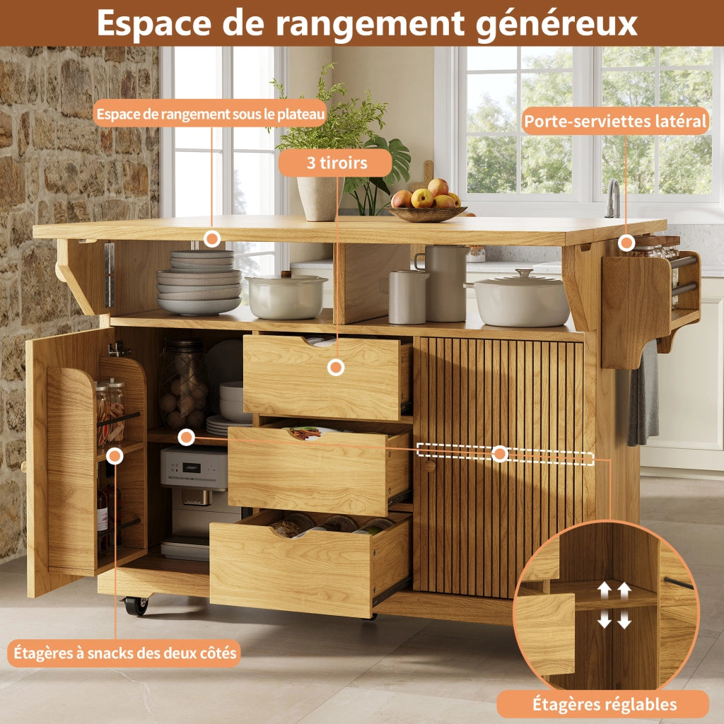 Carrello da cucina con 3 cassetti; ripiani regolabili e allunghe pieghevoli; per cucina e sala da pranzo