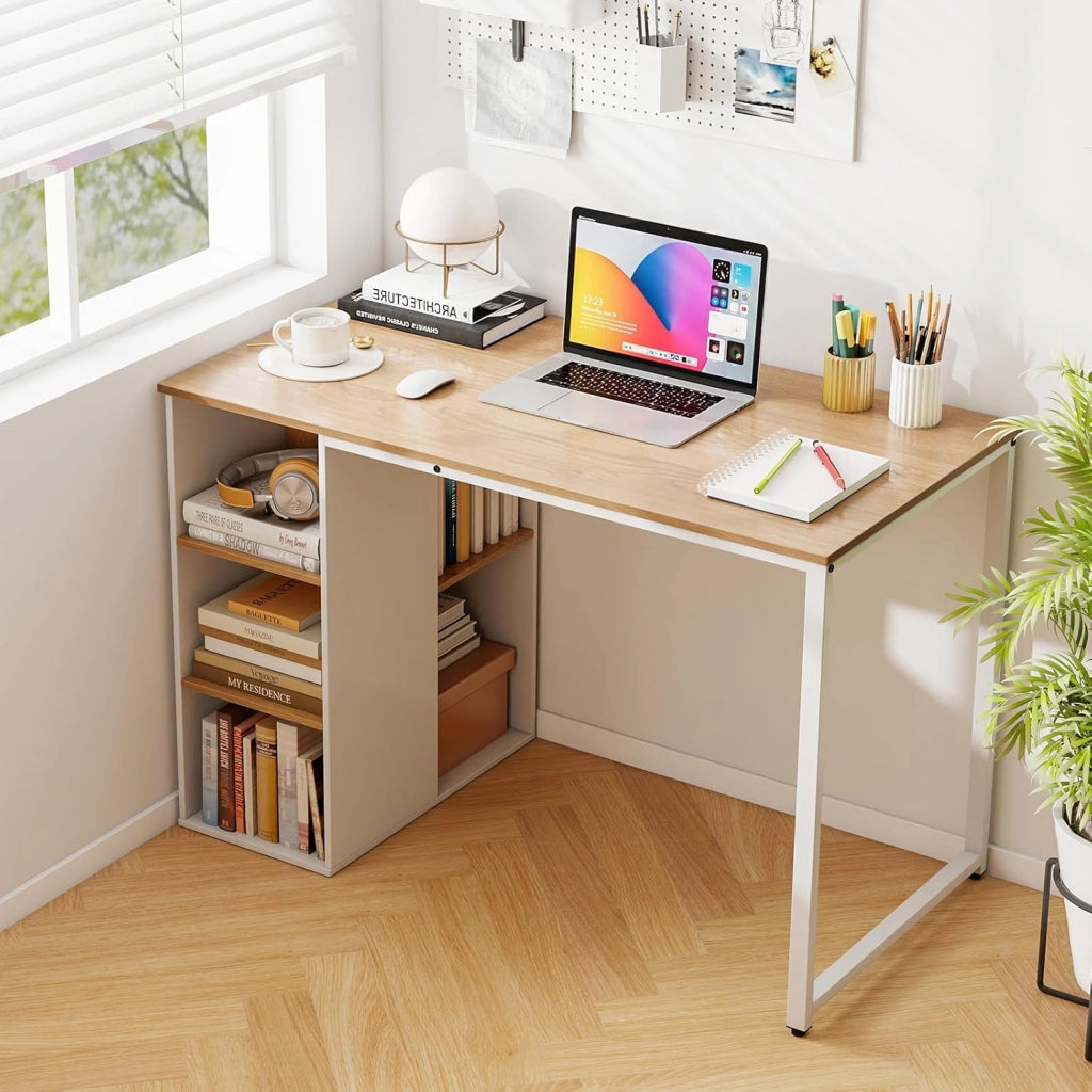 Scrivania per Computer, Scrivania Salvaspazio con 5 Scomparti di Stoccaggio e Struttura in Metallo Robusta, Scrivania Multiuso per Lavoro e Studio da Casa e Ufficio