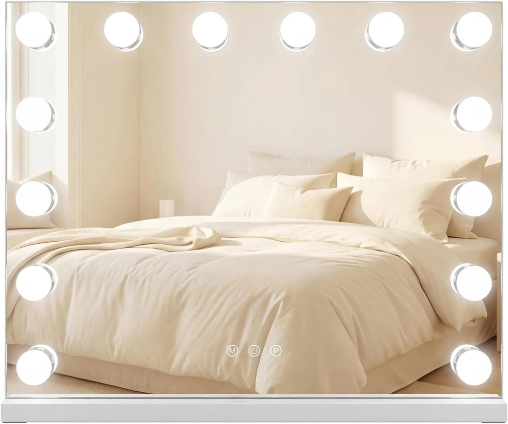 Specchio per Trucco Illuminato, Specchio da Tavolo con 14 Luci LED e Specchio con Ingrandimento 5X, Specchio da Toeletta con 3 Colori e Luminosità Regolabile, 50x43 cm