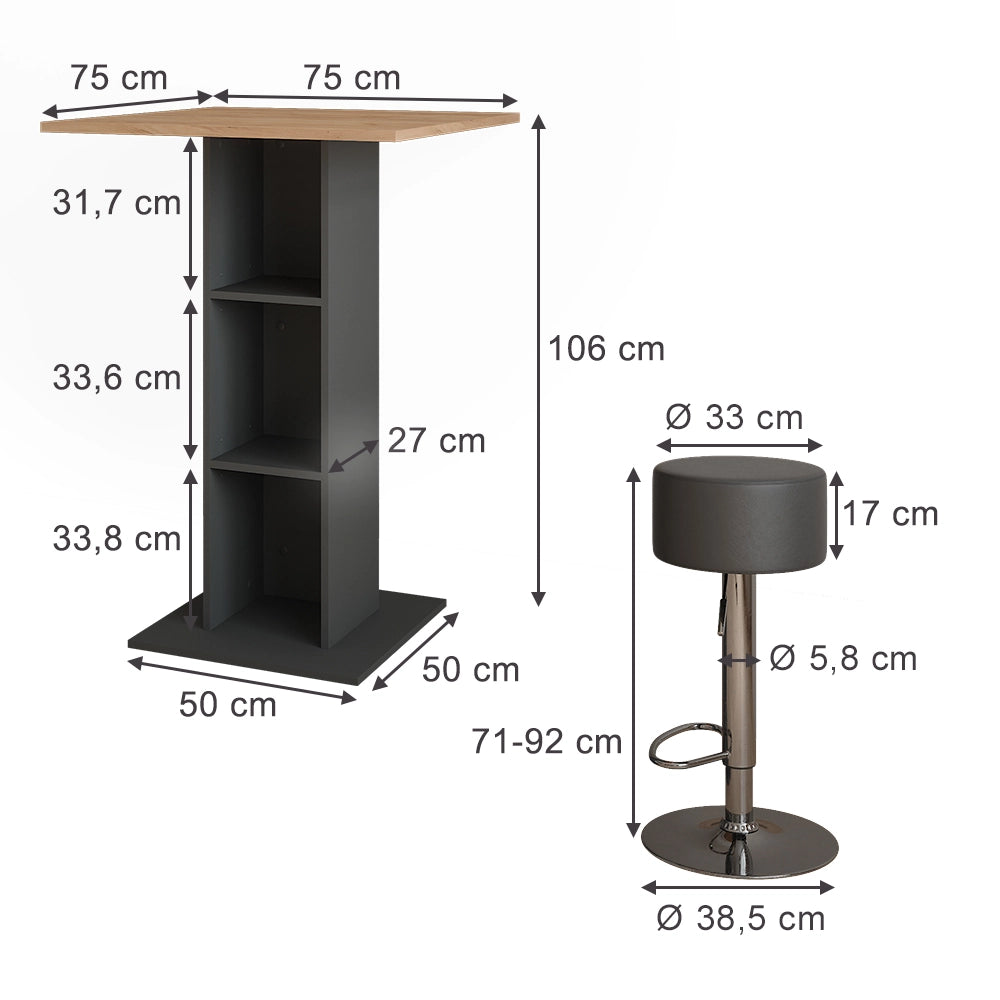 Vicco tavolo bar con sgabelli Antracite 75 x 75 cm con 2 sgabelli da bar