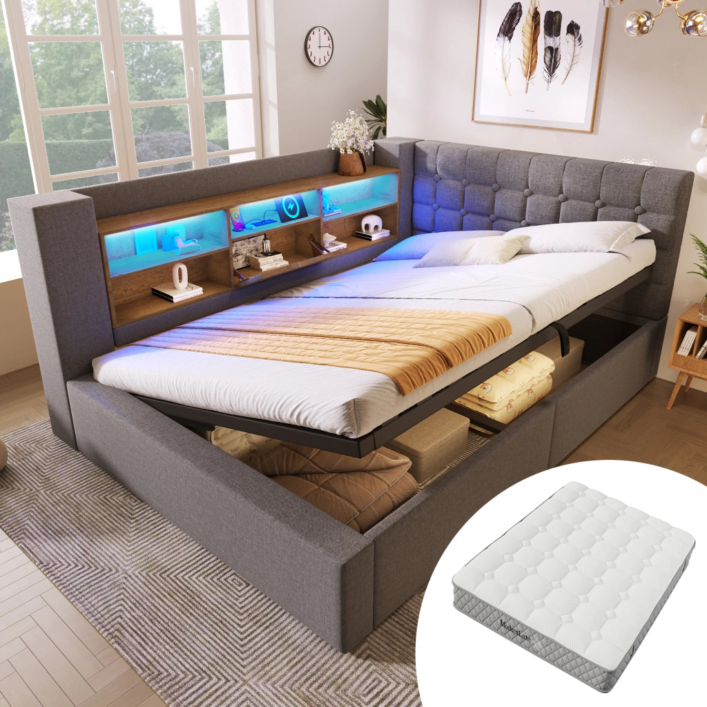 LETTO Contenitore 140x200 cm Lino Grigio con materasso incluso