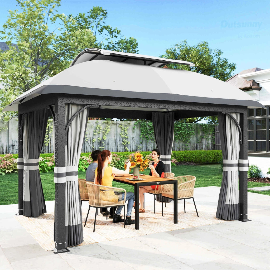 Gazebo da Giardino 4x3 m con Zanzariere e Doppio Tetto. in Metallo e Poliestere Grigio Chiaro