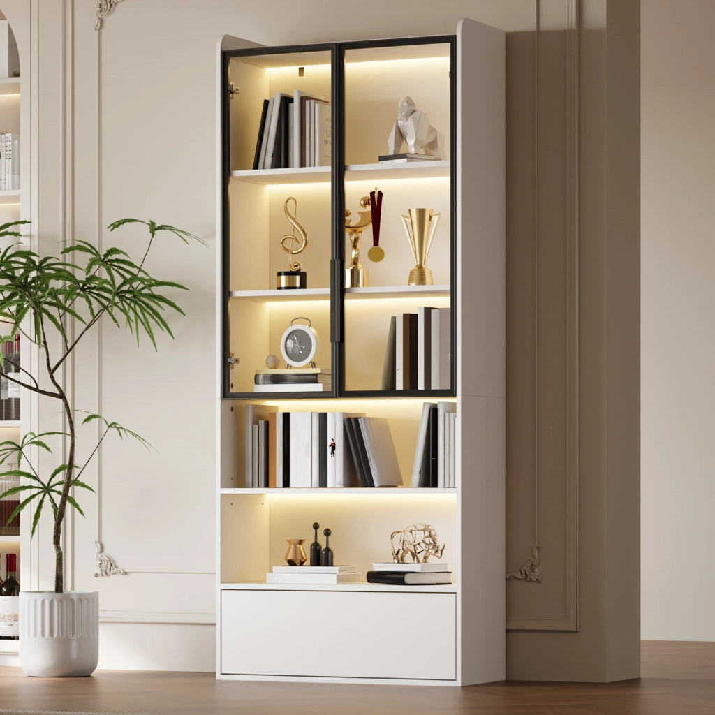 Vetrina alta con 1 cassetto e LED controllabili tramite app; 80 x 34 x 180 cm; MDF bianco